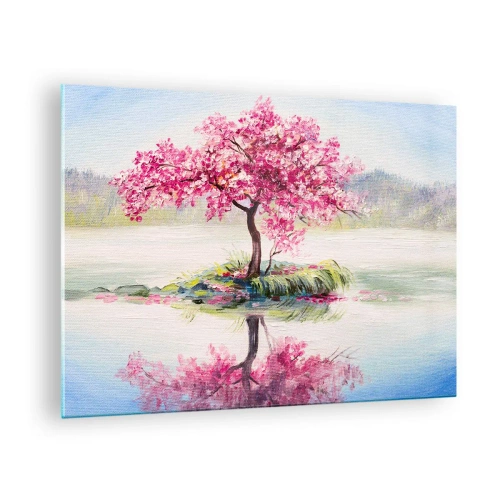 Quadro su vetro - Un albero rosa su un'isola riflesso nell'acqua calma - 70x50cm - La festa della primavera - Decorazione murale moderna per soggiorno e camera da letto ARTTOR