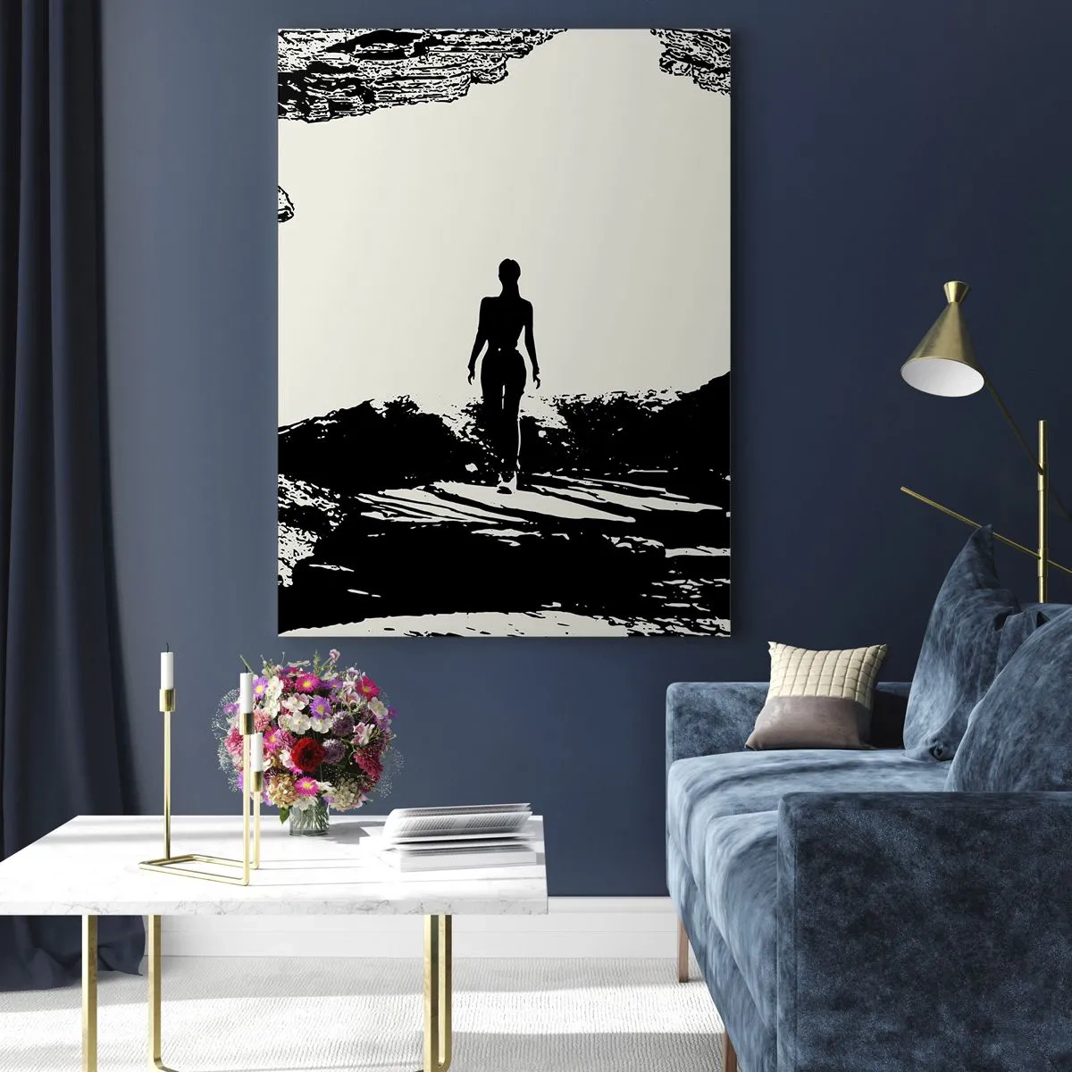 Quadro su vetro - Silhouette di una donna che emerge da una grotta in grafica in bianco e nero - 50x70cm - Un nuovo sguardo - Decorazione murale moderna per soggiorno e camera da letto ARTTOR