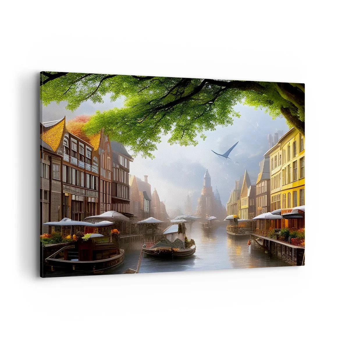 Quadro su tela - Stampe su Tela - Un pittoresco paesaggio olandese con un canale e case popolari - 120x80cm - Paesaggio urbano olandese - Decorazione murale moderna per soggiorno e camera da letto ARTTOR