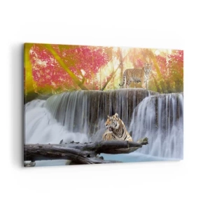 Quadro su tela - Stampe su Tela - Tigri presso una cascata nella foresta autunnale - 120x80cm - Paesaggio surreale - Decorazione murale moderna per soggiorno e camera da letto ARTTOR