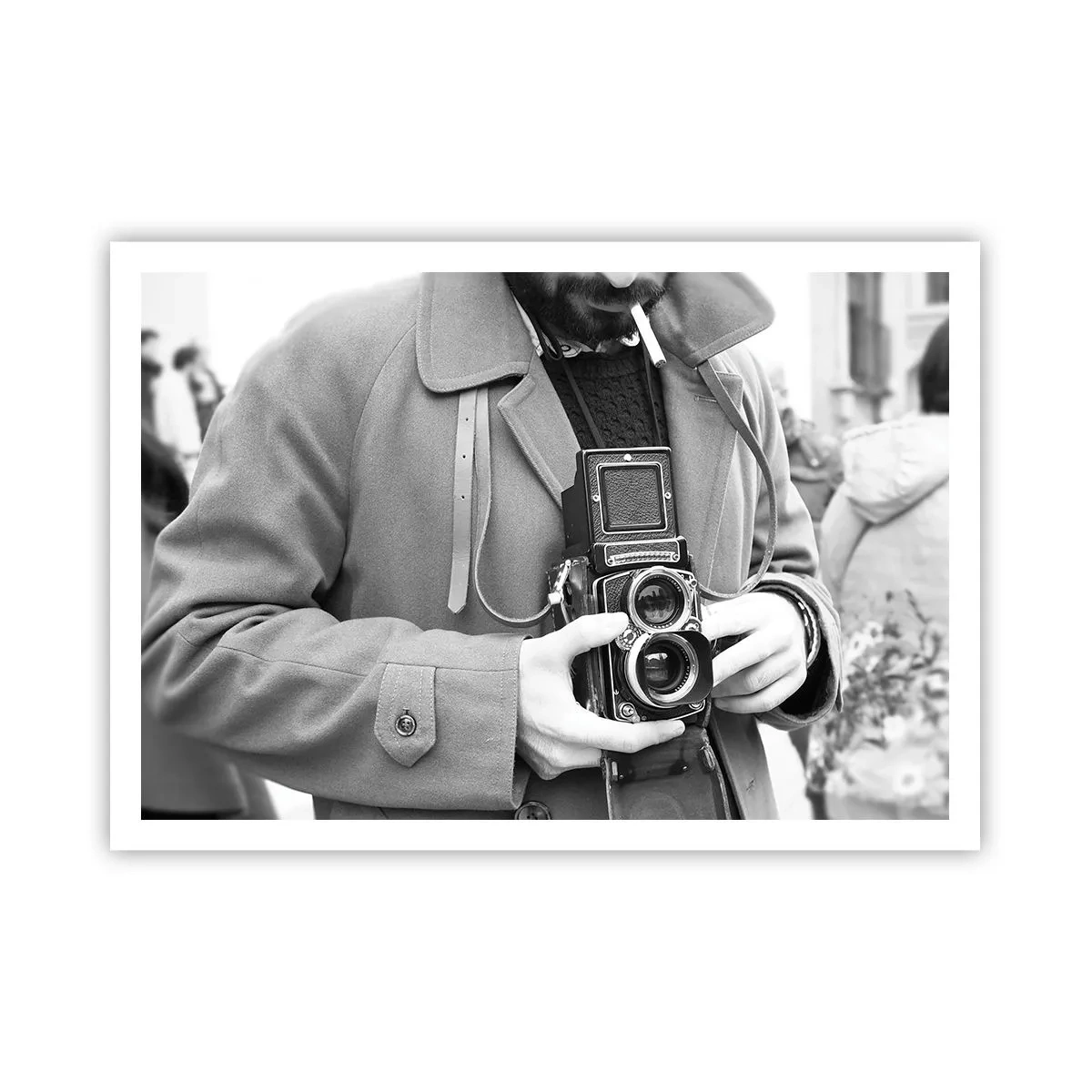 Poster - Foto in bianco e nero di un uomo con una macchina fotografica retrò - 100x70cm - In stile retro - Decorazione murale moderna per soggiorno e camera da letto ARTTOR