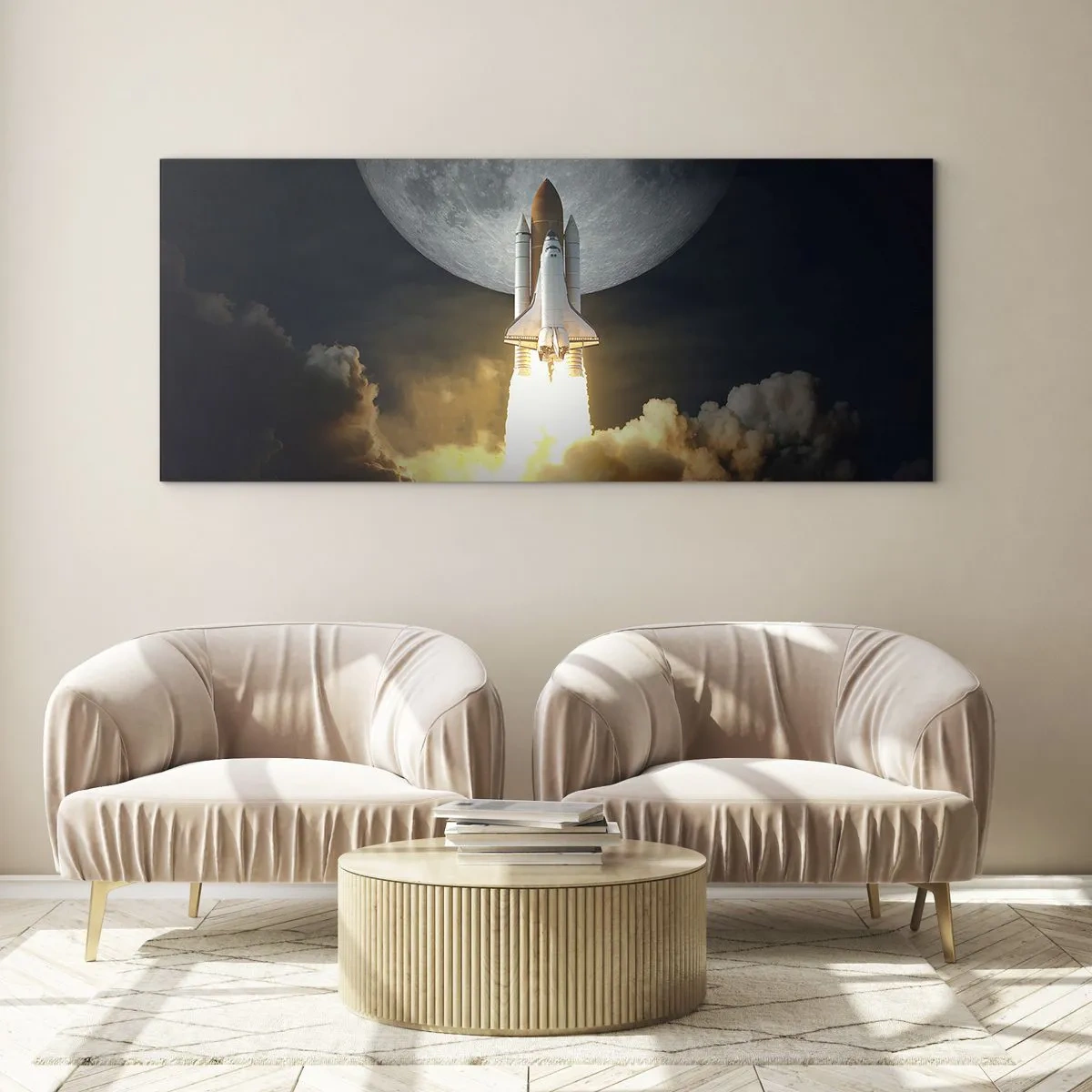 Quadro su vetro - Un razzo che decolla sullo sfondo della luna piena circondata da nuvole dinamiche. - 160x50cm - L'inizio di un'avventura spaziale - Decorazione murale moderna per soggiorno e camera da letto ARTTOR