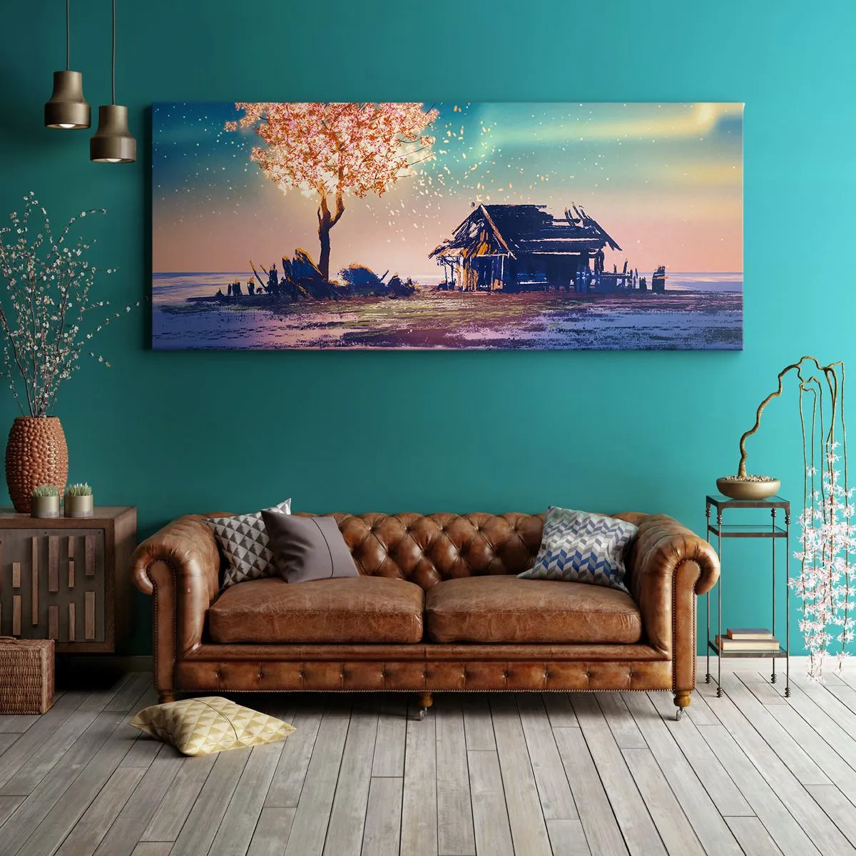Quadro su tela - Stampe su Tela - Una casa e un albero in fiore sotto il cielo notturno - 140x50cm - La natura non passa - Decorazione murale moderna per soggiorno e camera da letto ARTTOR