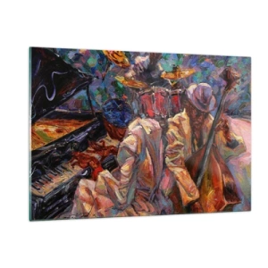 Quadro su vetro - Un palco jazz colorato con musicisti e strumenti - 120x80cm - In un unico ritmo - Decorazione murale moderna per soggiorno e camera da letto ARTTOR