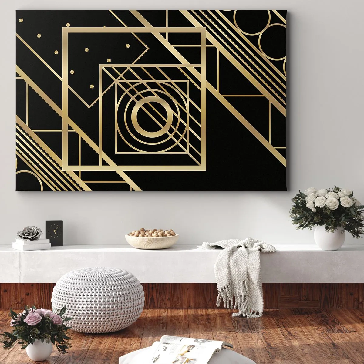 Quadro su tela - Stampe su Tela - Motivi geometrici dorati su sfondo nero - 120x80cm - Geometria dorata - Decorazione murale moderna per soggiorno e camera da letto ARTTOR