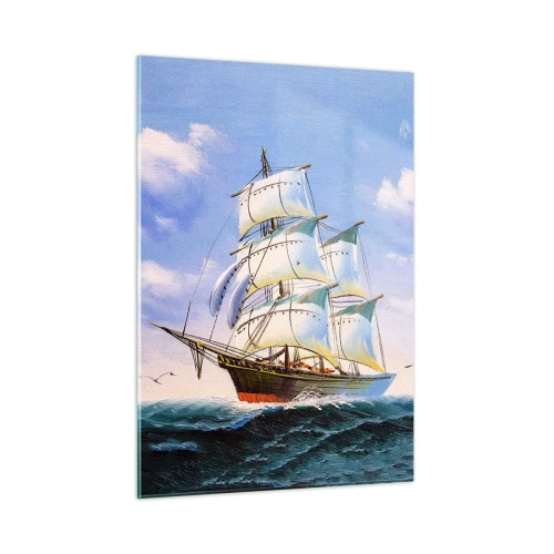 Quadro su vetro - Una nave a vela in alto mare sotto un cielo azzurro - 50x70cm - Con orgoglio nel vento - Decorazione murale moderna per soggiorno e camera da letto ARTTOR