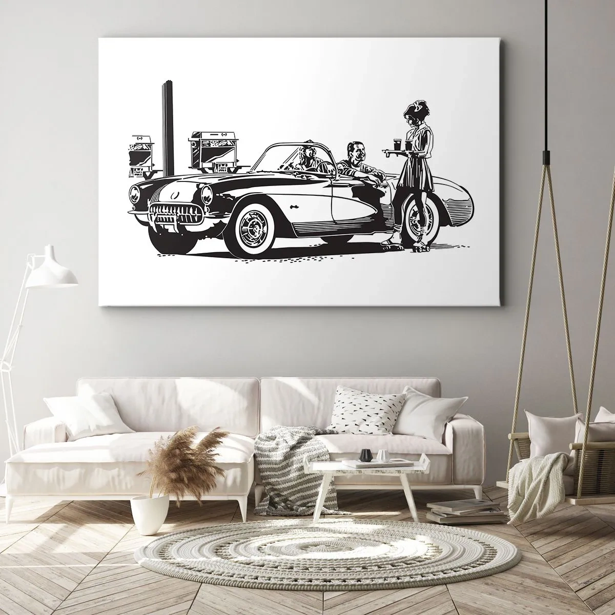 Quadro su tela - Stampe su Tela - Una scena retrò in bianco e nero con un'auto e una cameriera sui pattini a rotelle. - 70x50cm - Anni '60: l'America spensierata - Decorazione murale moderna per soggiorno e camera da letto ARTTOR