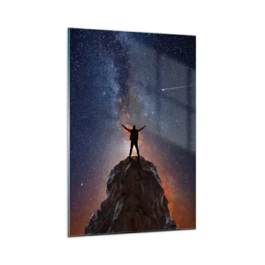Quadro su vetro - Una figura sulla cima di una montagna sotto un cielo stellato - 80x120cm - La forza è con me! - Decorazione murale moderna per soggiorno e camera da letto ARTTOR