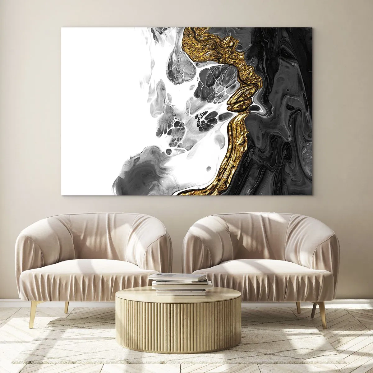 Quadro su vetro - Composizione astratta di nero, bianco e oro - 70x50cm - Composizione organica - Decorazione murale moderna per soggiorno e camera da letto ARTTOR