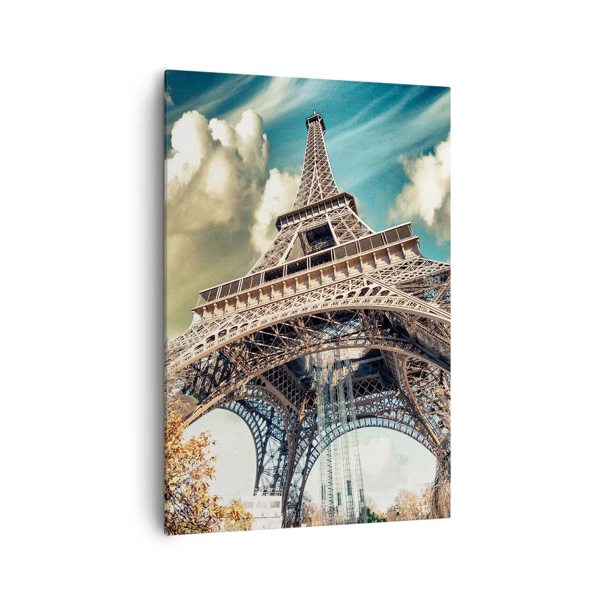 Quadro su tela - Stampe su Tela - La Torre Eiffel dal basso in un ambiente autunnale - 70x100cm - L'autunno a Parigi... - Decorazione murale moderna per soggiorno e camera da letto ARTTOR