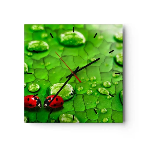 Orologio da parete - Orologio in Vetro - Due coccinelle su una foglia con gocce d'acqua in macrofotografia - 30x30cm - Incontro in verde - Decorazione murale moderna per soggiorno e camera da letto ARTTOR