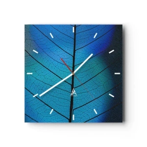 Orologio da parete - Orologio in Vetro - Primo piano di una foglia blu con dettaglio delle venature visibile - 30x30cm - Struttura intricata - Decorazione murale moderna per soggiorno e camera da letto ARTTOR