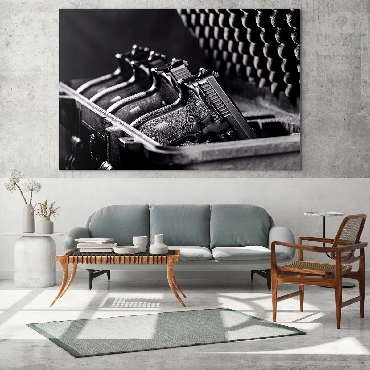 Quadro su vetro - Pistole nere in una custodia su uno sfondo di schiuma protettiva - 70x50cm - Sport maschile - Decorazione murale moderna per soggiorno e camera da letto ARTTOR