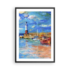 Poster in cornice nera - Un pittoresco porto con un faro e barche ormeggiate - 50x70cm - Pomeriggio nell'insenatura multicolore - Decorazione murale moderna per soggiorno e camera da letto ARTTOR
