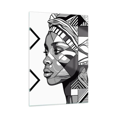 Quadro su vetro - Ritratto etnico in bianco e nero di una donna con motivi geometrici - 50x70cm - Ritratto etnico - Decorazione murale moderna per soggiorno e camera da letto ARTTOR