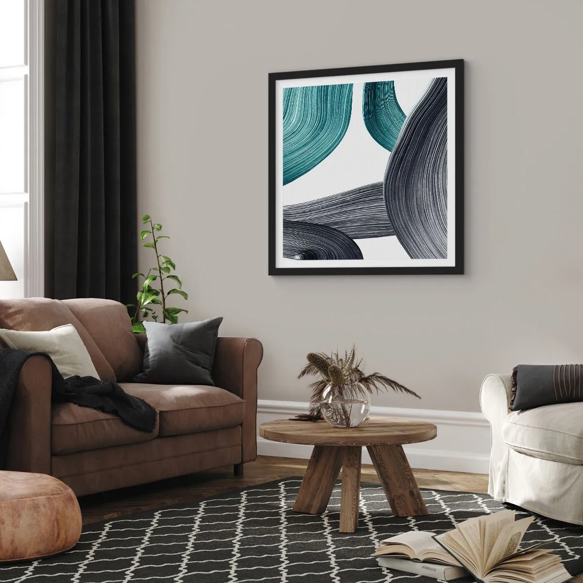 Poster in cornice nera - Tracce smeraldo e nero - 30x30 cm