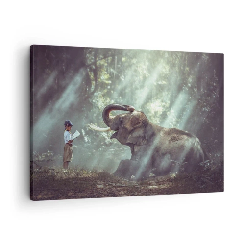 Quadro su tela - Stampe su Tela - Un ragazzo e un elefante in una foresta illuminata dalla luce del sole - 70x50cm - Ascoltalo… - Decorazione murale moderna per soggiorno e camera da letto ARTTOR