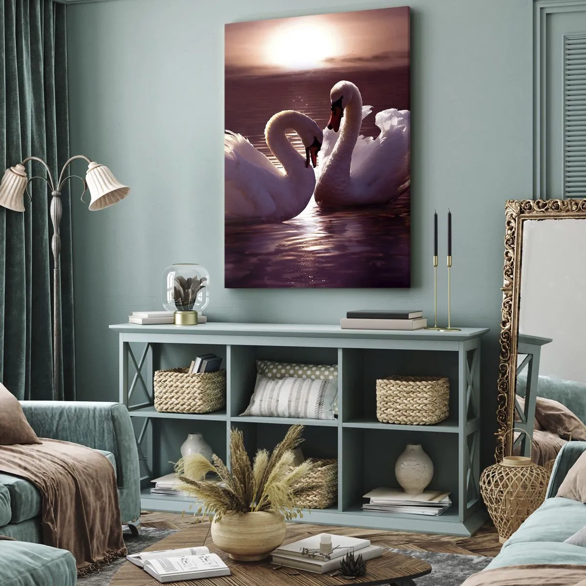 Quadro su tela - Stampe su Tela - Due cigni su un lago calmo al tramonto - 80x120cm - Finché la morte non ci separi - Decorazione murale moderna per soggiorno e camera da letto ARTTOR