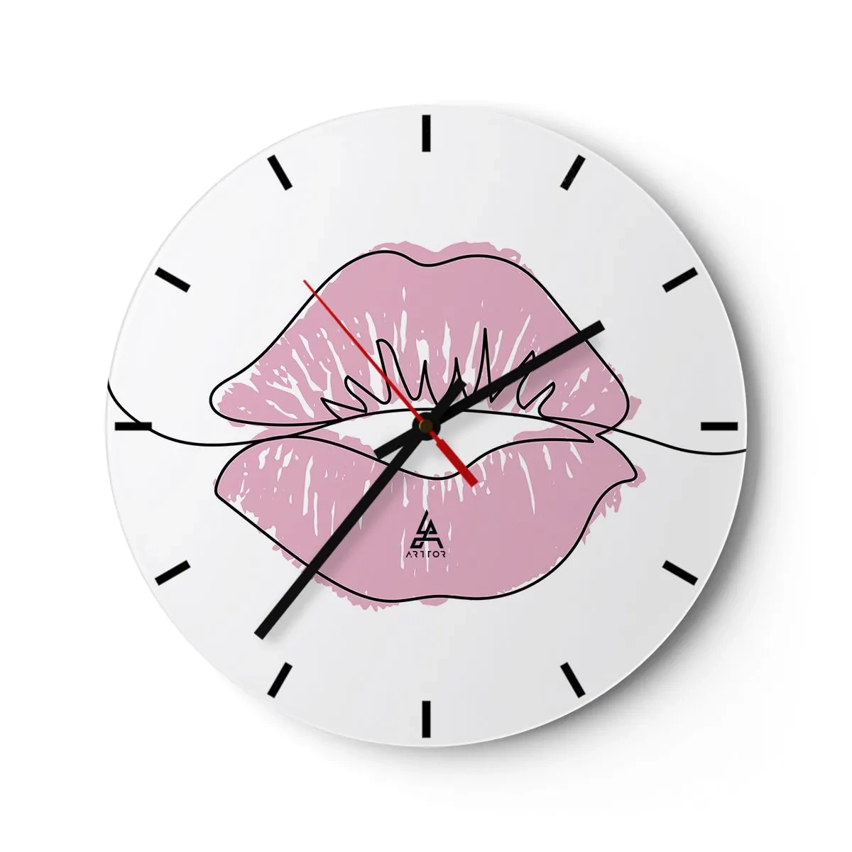 Orologio da parete - Orologio in Vetro - Primo piano di labbra rosa contro un orologio bianco - 30x30cm - Pronti al bacio? - Decorazione murale moderna per soggiorno, cucina e camera da letto ARTTOR