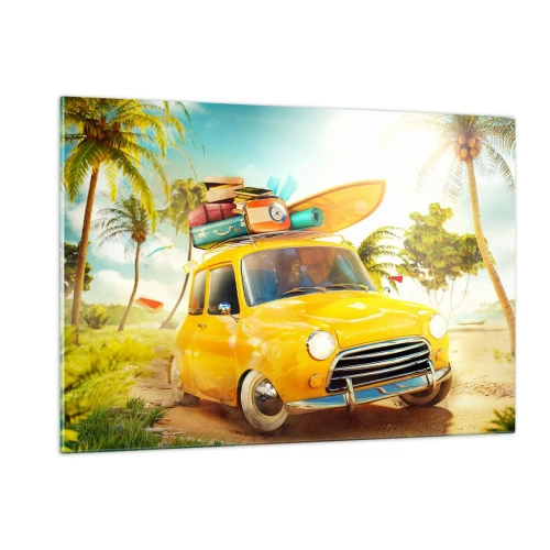 Quadro su vetro - Un'auto gialla con bagagli sul tetto su una spiaggia tropicale. - 120x80cm - Viaggio nel paese dei sorrisi - Decorazione murale moderna per soggiorno e camera da letto ARTTOR