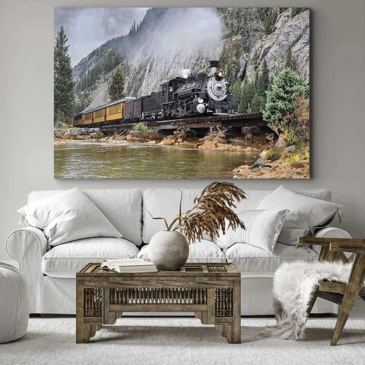 Quadro su tela - Stampe su Tela - Una locomotiva a vapore su un ponte in un pittoresco paesaggio montano - 120x80cm - Dove andiamo? - Decorazione murale moderna per soggiorno e camera da letto ARTTOR