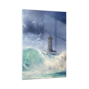 Quadro su vetro - Un faro tra le onde agitate dell'oceano - 50x70cm - In difesa contro gli elementi - Decorazione murale moderna per soggiorno e camera da letto ARTTOR