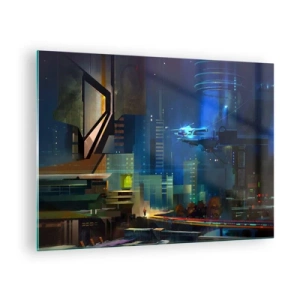 Quadro su vetro - Città futuristica di notte con luci al neon e un veicolo volante - 70x50cm - In un futuro non lontano - Decorazione murale moderna per soggiorno e camera da letto ARTTOR