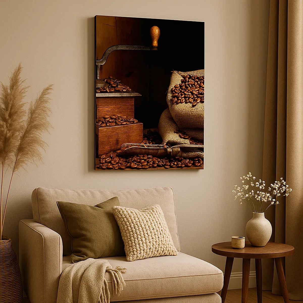 Quadro su tela - Stampe su Tela - Un vecchio macinacaffè con chicchi e un sacchetto in stile rustico. - 50x70cm - Natura morta con chicchi di caffè e macinino - Decorazione murale moderna per soggiorno e camera da letto ARTTOR