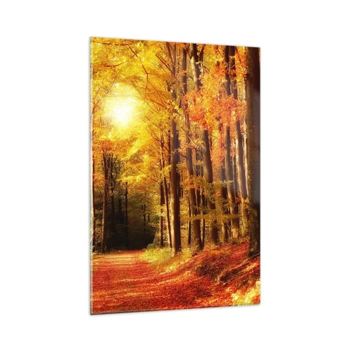 Quadro su vetro - Foresta autunnale con raggi di sole che brillano attraverso gli alberi - 80x120cm - Autunno dorato nella via nel bosco - Decorazione murale moderna per soggiorno e camera da letto ARTTOR