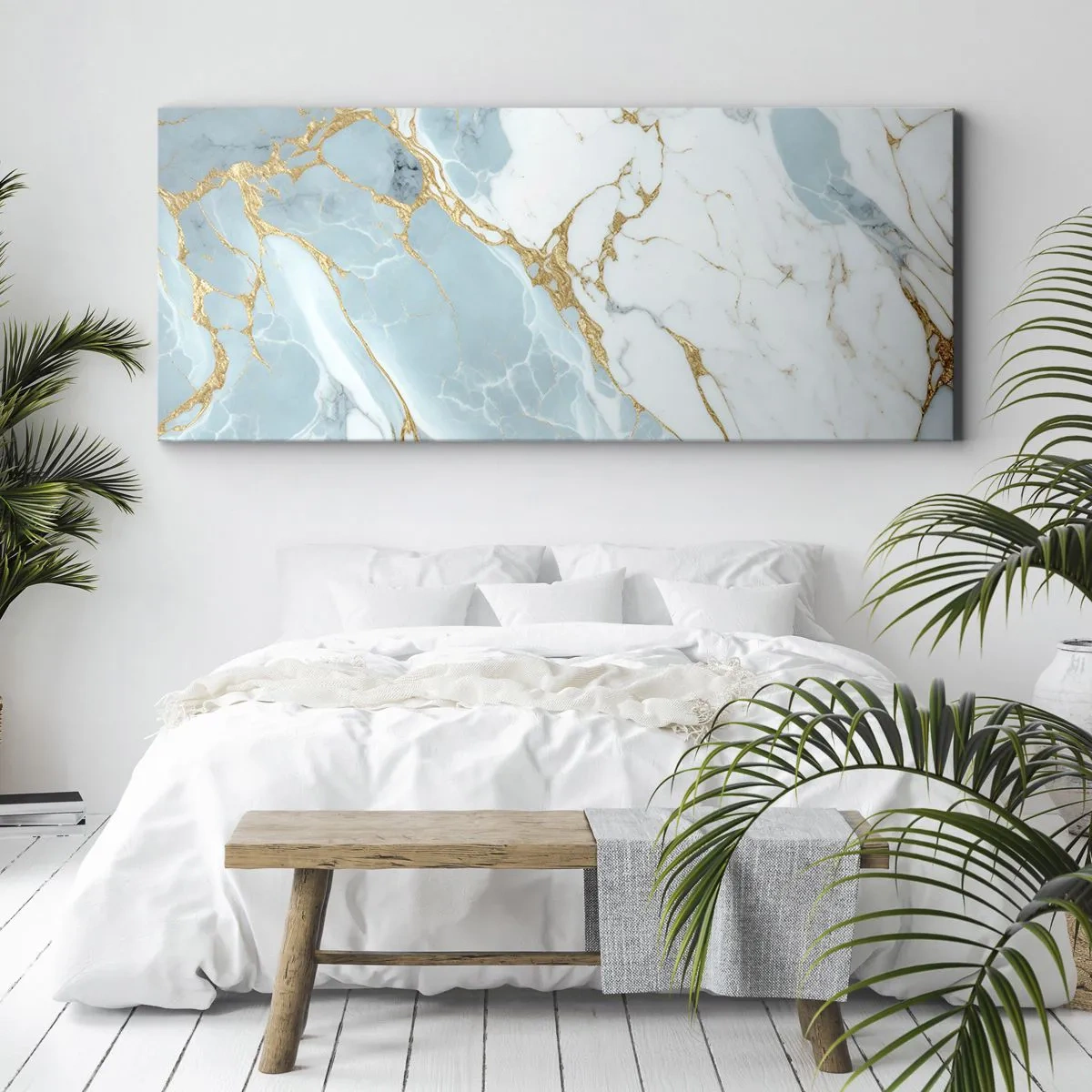 Quadro su tela - Stampe su Tela - Motivi in marmo blu e bianco con venature dorate aggiunte - 120x50cm - La ricchezza della pietra - Decorazione murale moderna per soggiorno e camera da letto ARTTOR