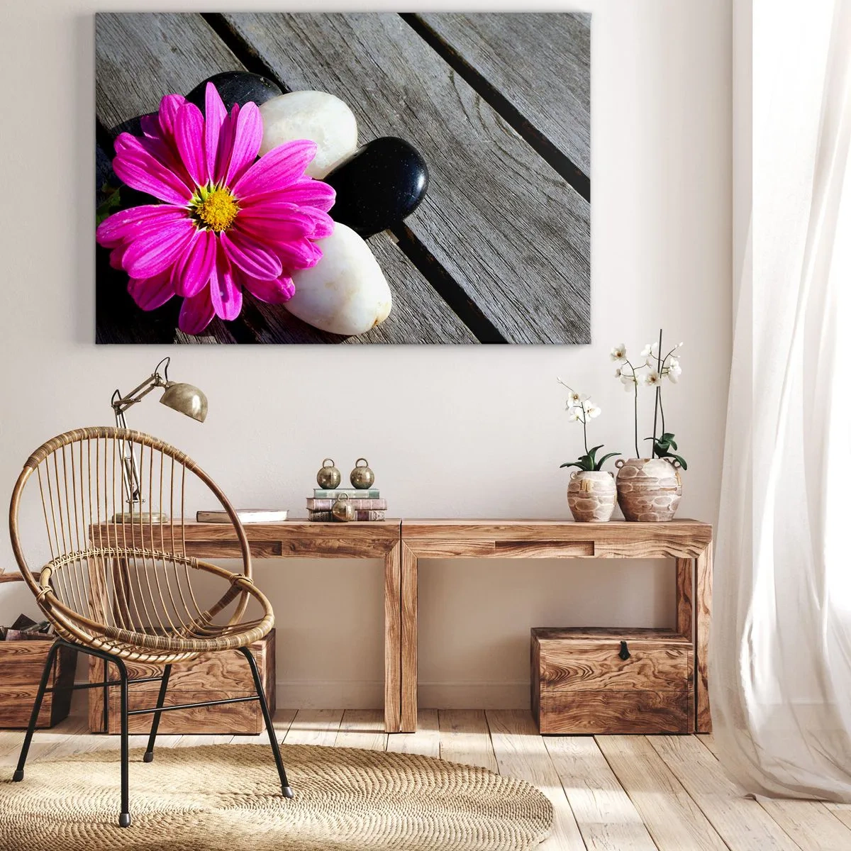 Quadro su tela - Stampe su Tela - Fiore rosa su uno sfondo di assi di legno con pietre - 120x80cm - Riposo sul molo - Decorazione murale moderna per soggiorno e camera da letto ARTTOR