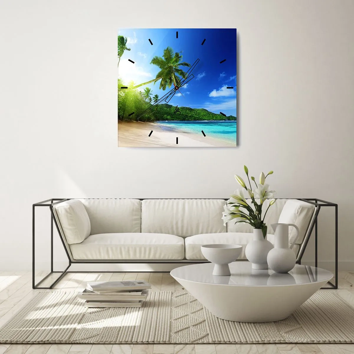 Orologio da parete - Orologio in Vetro - Spiaggia tropicale con palme e mare turchese - 30x30cm - Il lieve tocco dei tropici - Decorazione murale moderna per soggiorno e camera da letto ARTTOR