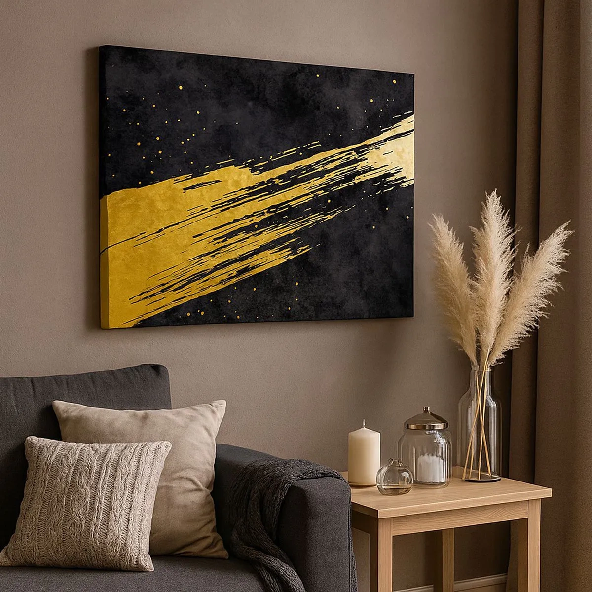 Quadro su tela - Stampe su Tela - Sfondo nero con pennellate dorate dinamiche - 70x50cm - Salto nell'iperspazio - Decorazione murale moderna per soggiorno e camera da letto ARTTOR