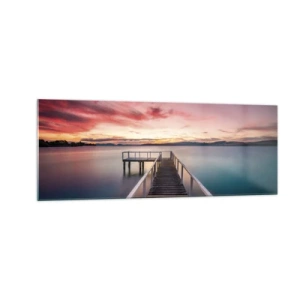 Quadro su vetro - Un molo che conduce a un lago tranquillo al tramonto - 140x50cm - La fiamma mite della sera - Decorazione murale moderna per soggiorno e camera da letto ARTTOR