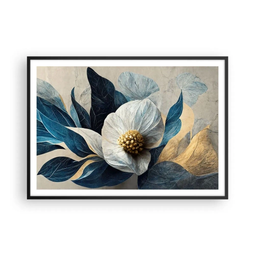Poster in cornice nera - Un fiore con foglie blu su uno sfondo elegante - 100x70cm - Ha un cuore d'oro - Decorazione murale moderna per soggiorno e camera da letto ARTTOR