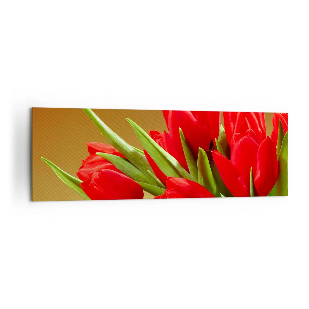 Quadro su tela - Stampe su Tela - Un bouquet di tulipani rossi su uno sfondo dorato con foglie verdi. - 160x50cm - Un mazzo di gioia primaverile - Decorazione murale moderna per soggiorno e camera da letto ARTTOR