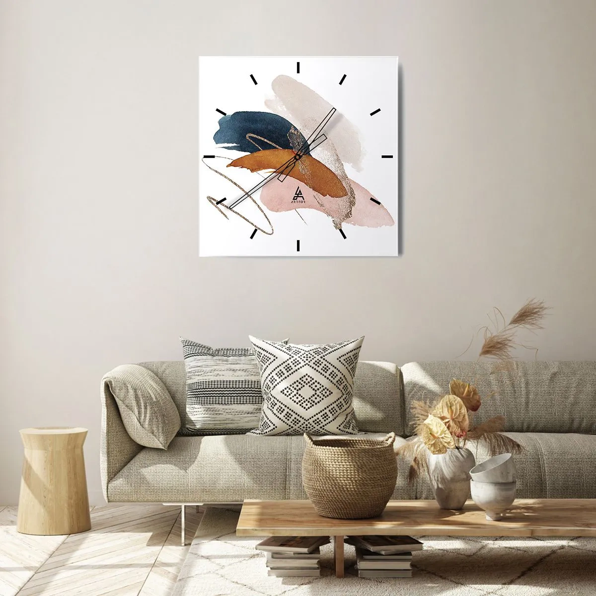 Orologio da parete - Orologio in Vetro - Tratti astratti in colori pastello con accenti dorati - 30x30cm - Composizione alata - Decorazione murale moderna per soggiorno e camera da letto ARTTOR