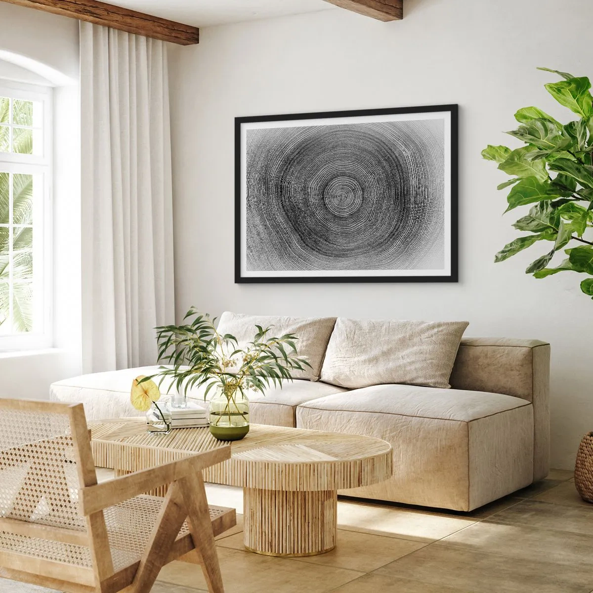 Poster in cornice nera - Modello di anelli di un albero in bianco e nero che mostra una sezione trasversale del tronco - 70x50cm - I segni del tempo - Decorazione murale moderna per soggiorno e camera da letto ARTTOR