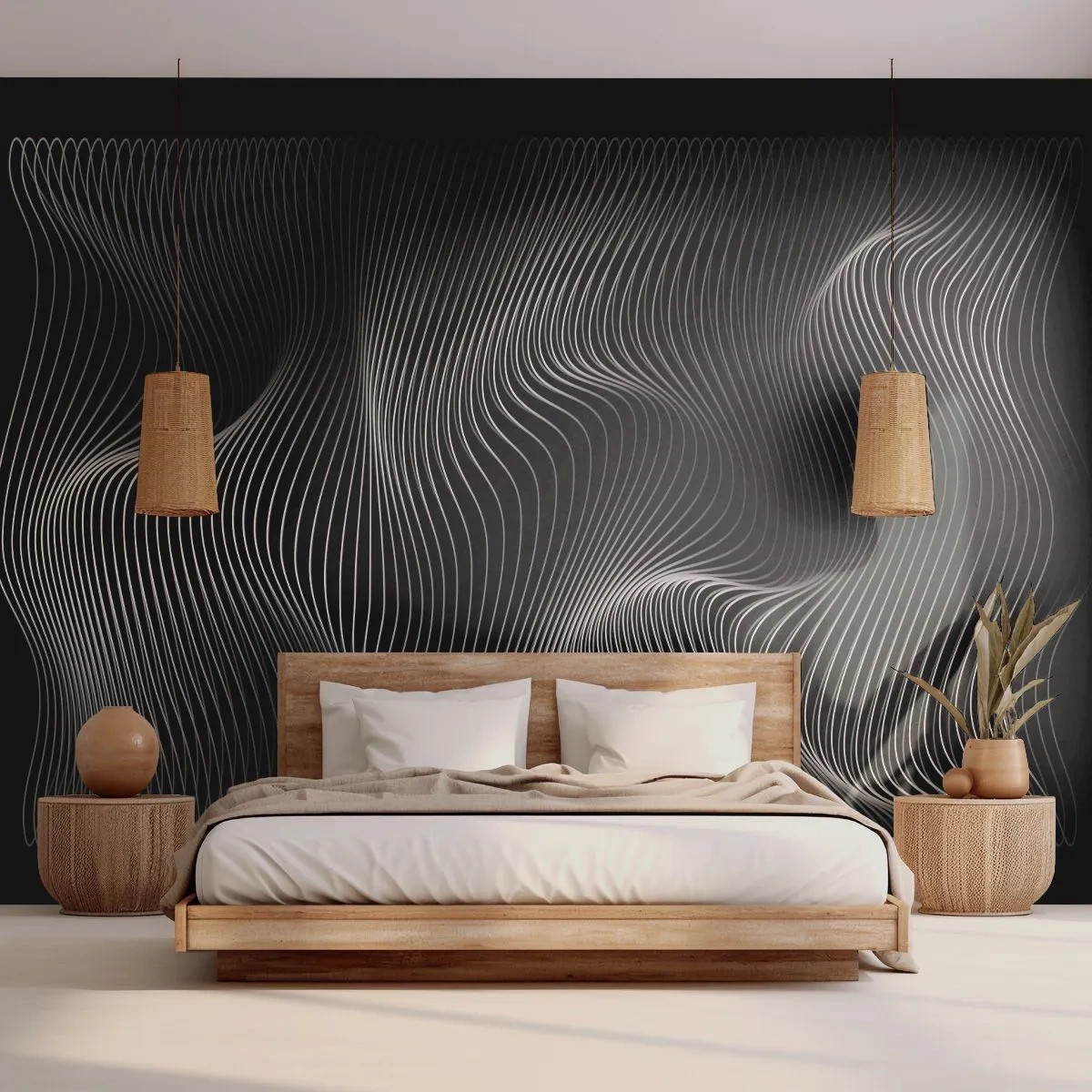 Fotomurali Standard Eco - Onde di luce ipnotizzanti su sfondo nero - 100x70cm - La danza della luce nello spazio - Decorazione murale moderna per soggiorno e camera da letto ARTTOR