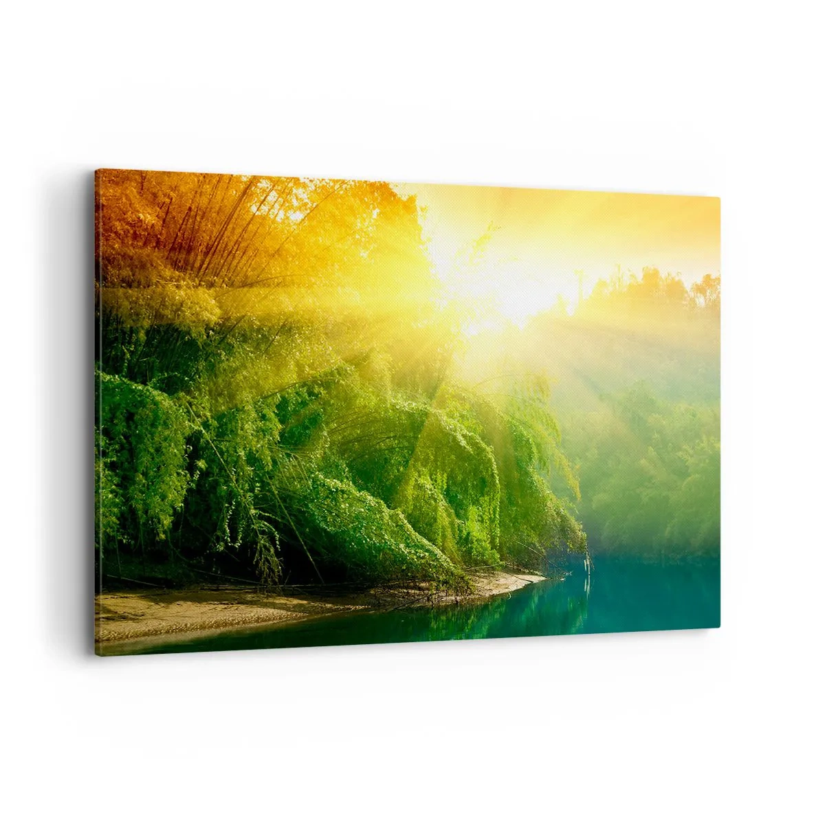Quadro su tela - Stampe su Tela - Una foresta verde in riva al fiume, illuminata dai raggi del sole nascente - 120x80cm - Immergersi nel sole e nell'ombra - Decorazione murale moderna per soggiorno e camera da letto ARTTOR