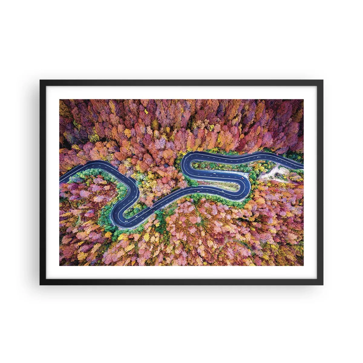 Poster in cornice nera - Una strada tortuosa in una foresta autunnale vista a volo d'uccello - 70x50cm - Via tortuosa attraverso il bosco - Decorazione murale moderna per soggiorno e camera da letto ARTTOR
