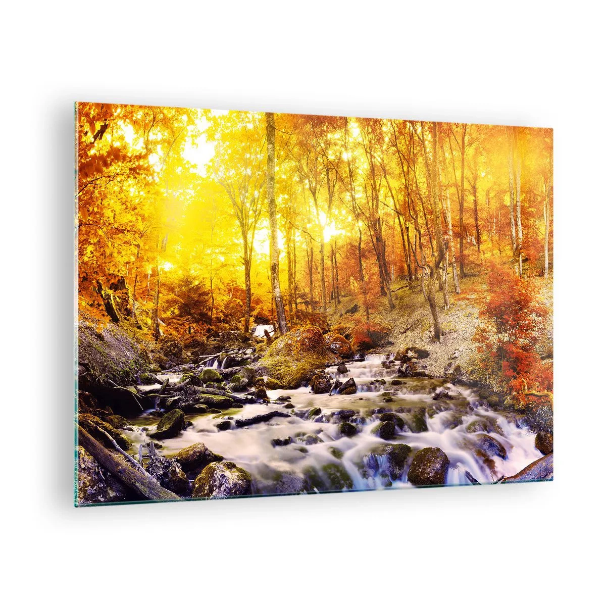 Quadro su vetro - Foresta autunnale con un fiume nei raggi di luce calda - 70x50cm - Pietre incorniciate in oro e platino - Decorazione murale moderna per soggiorno e camera da letto ARTTOR