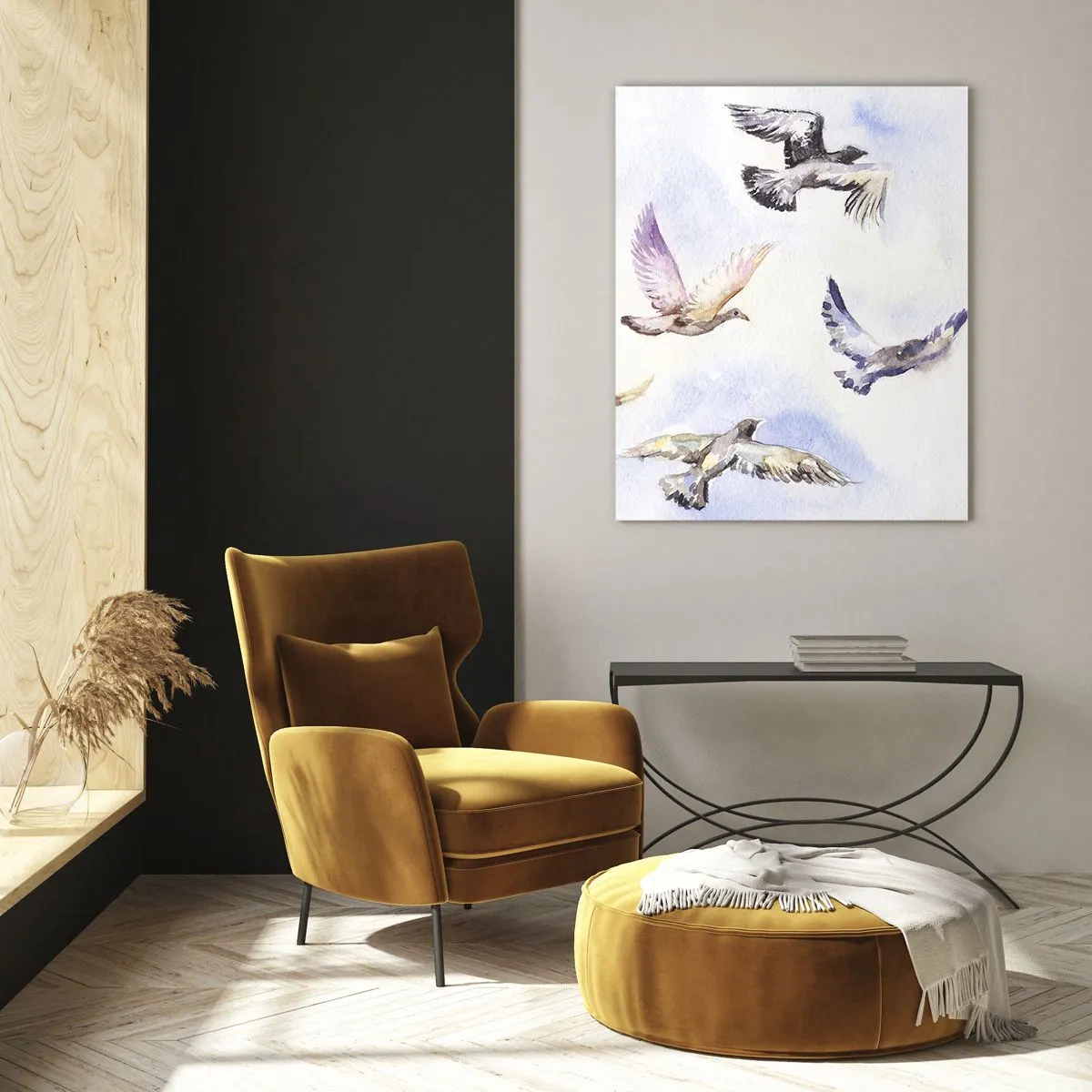 Quadro su vetro - Uccelli acquerellati in volo contro un cielo delicato - 80x120cm - Libertà in grigio e blu - Decorazione murale moderna per soggiorno e camera da letto ARTTOR