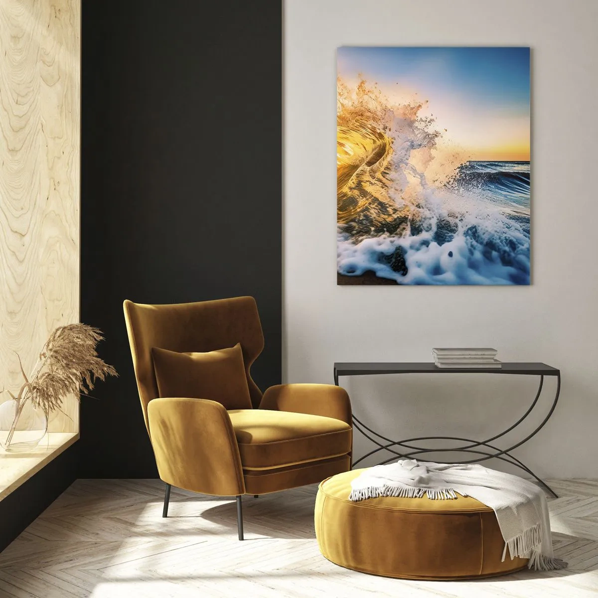 Quadro su vetro - Un'onda che si infrange sulla riva, illuminata dai raggi del sole al tramonto - 50x70cm - Gioco sulla sabbia - Decorazione murale moderna per soggiorno e camera da letto ARTTOR