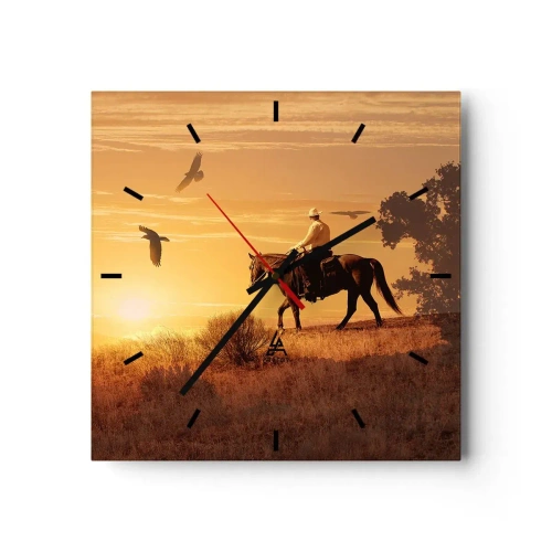 Orologio da parete - Orologio in Vetro - Un cavaliere a cavallo al tramonto sullo sfondo della prateria - 30x30cm - Da solo nella prateria - Decorazione murale moderna per soggiorno e camera da letto ARTTOR