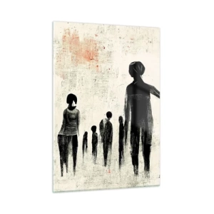 Quadro su vetro - Figure nere in movimento su uno sfondo chiaro con una trama rossa - 50x70cm - Contro la solitudine - Decorazione murale moderna per soggiorno e camera da letto ARTTOR