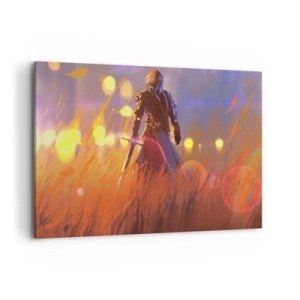 Quadro su tela - Stampe su Tela - La figura di un cavaliere alla luce del sole al tramonto in un campo - 100x70cm - Il cavaliere errante - Decorazione murale moderna per soggiorno e camera da letto ARTTOR