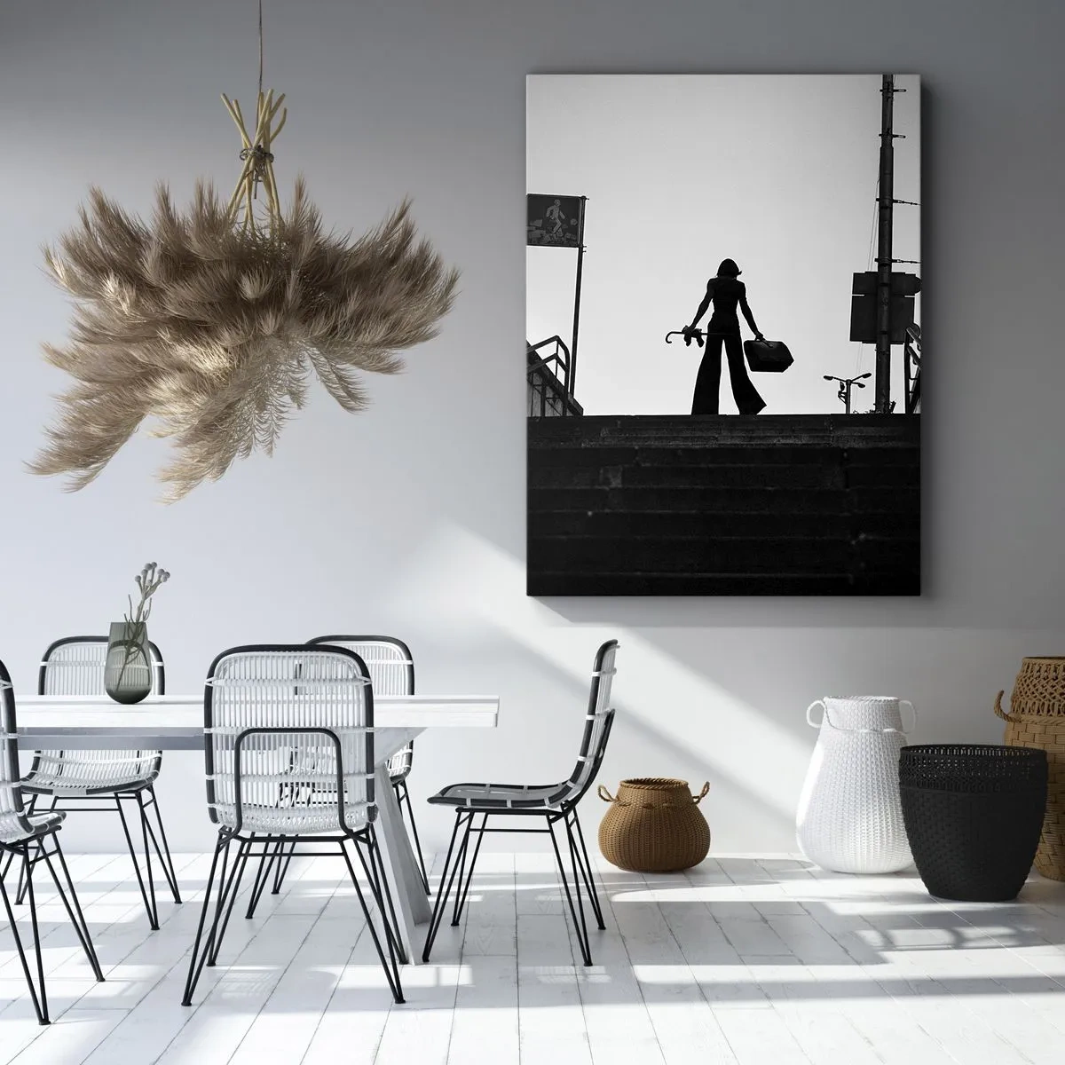 Quadro su tela - Stampe su Tela - Una figura femminile sulle scale in bianco e nero con un'atmosfera dinamica - 50x70cm - Gita cittadina - Decorazione murale moderna per soggiorno e camera da letto ARTTOR