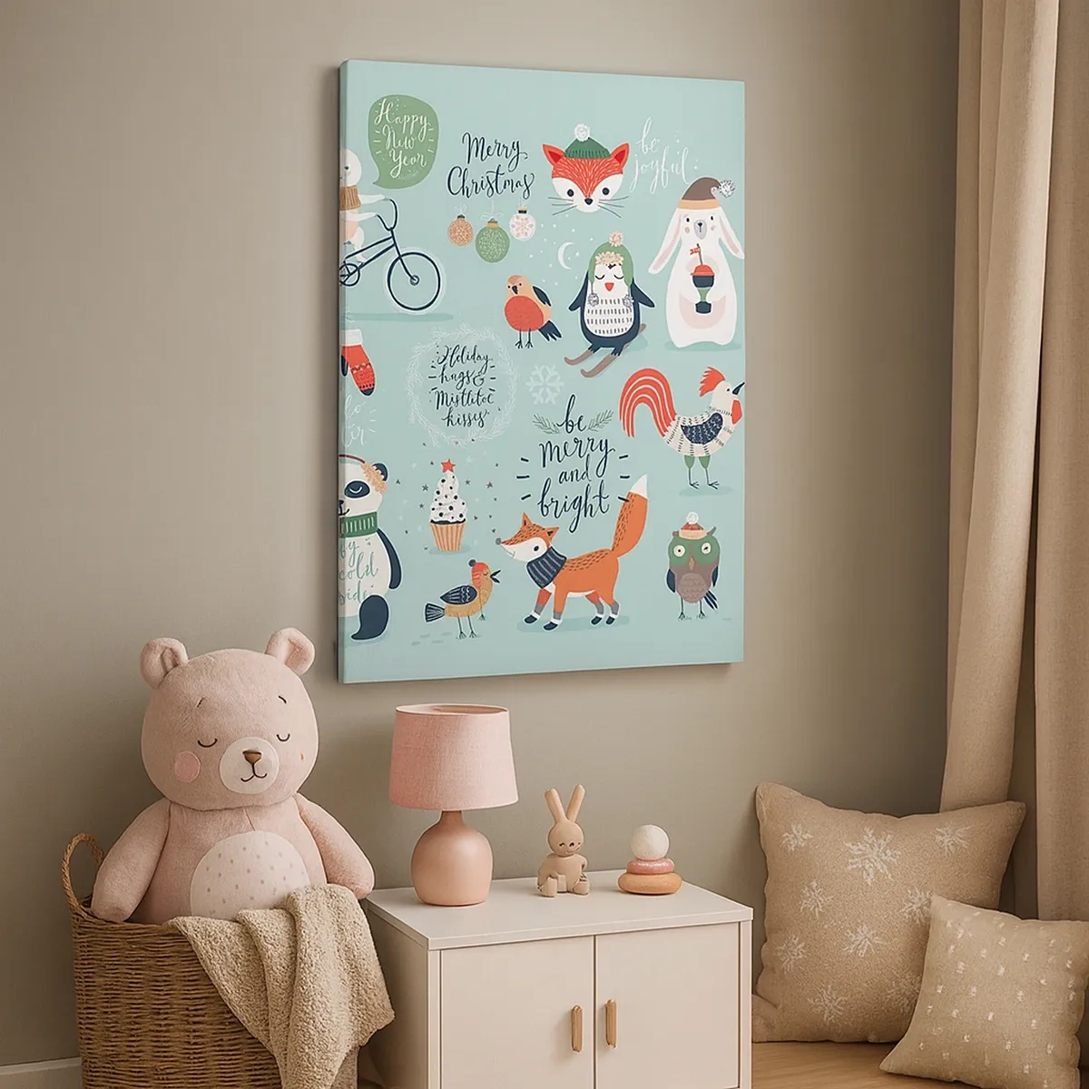 Quadro su tela - Stampe su Tela - Illustrazione natalizia di animali in un'atmosfera invernale - 50x70cm - Che sia sempre festa! - Decorazione murale moderna per soggiorno e camera da letto ARTTOR