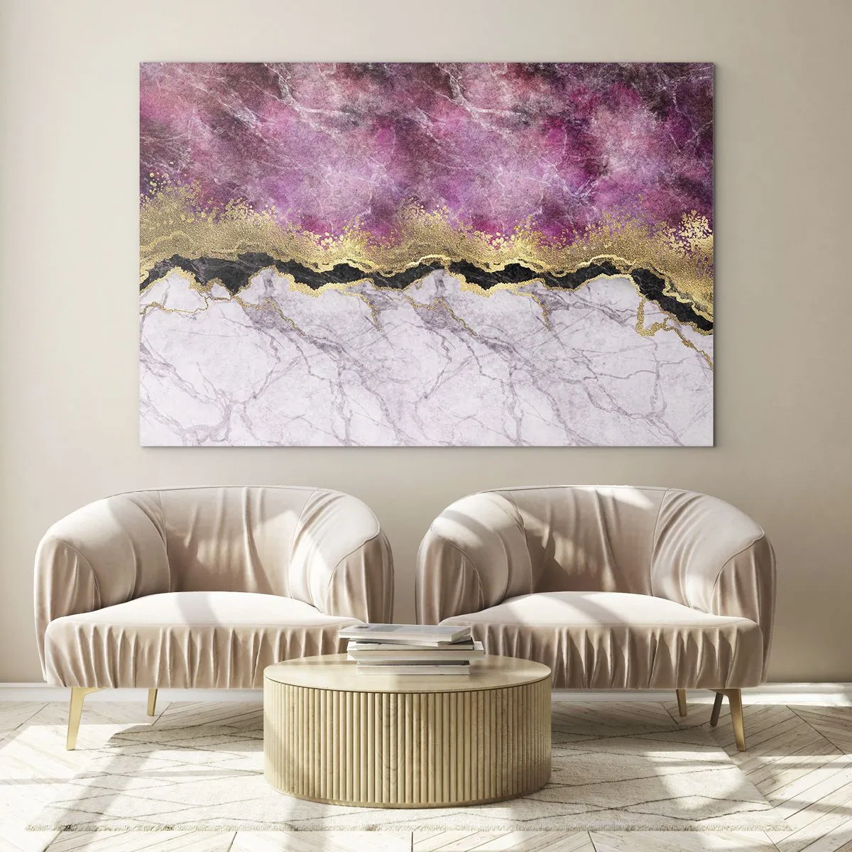Quadro su vetro - Composizione astratta in marmo con accenti dorati e viola - 100x70cm - Sul confine - Decorazione murale moderna per soggiorno e camera da letto ARTTOR